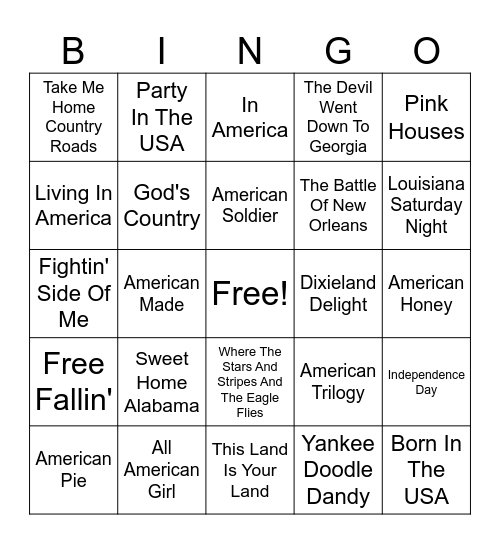July 4th Music Bingo Card
