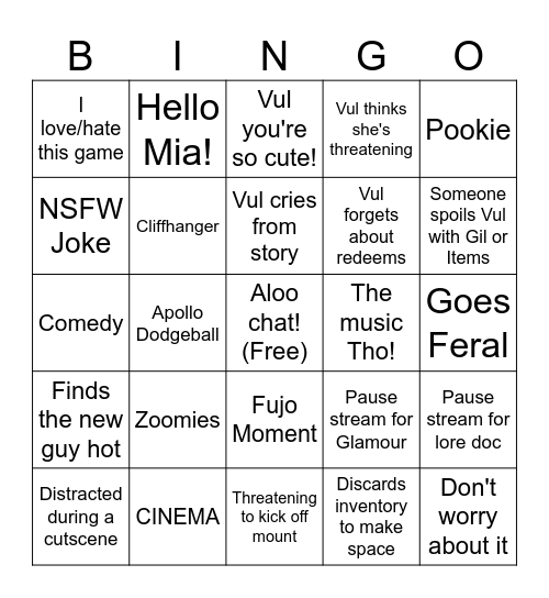 Vulpixie FFXIV Stream Bingo Card