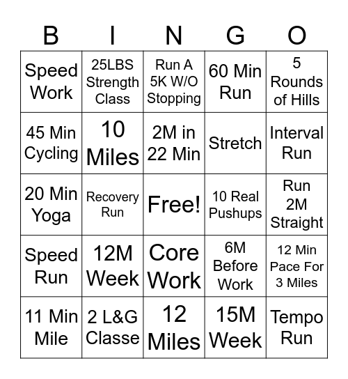 Run Training Bingo Card