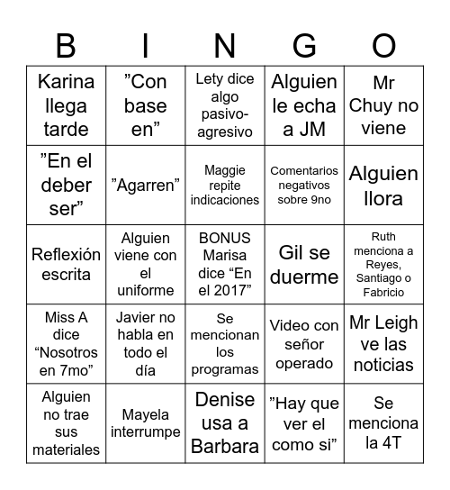 SPIS Bingo Card