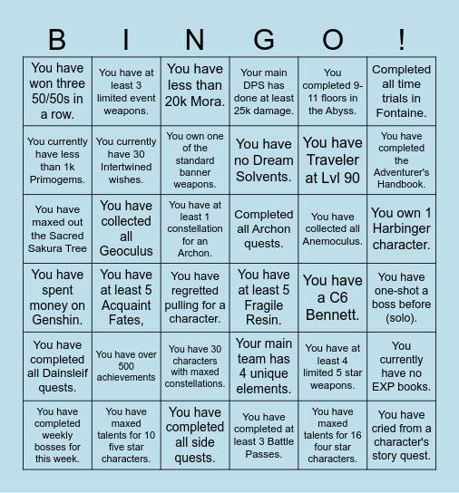 Genshin Impact Bingo Card