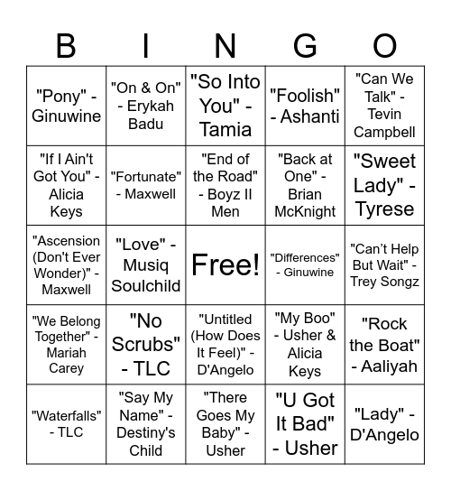 R & B Bingo Card