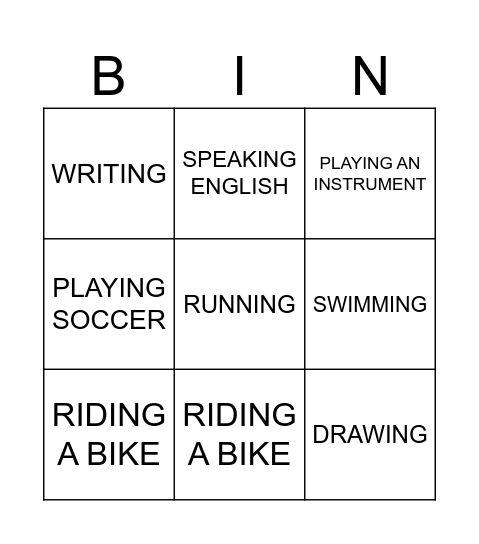 Activity Bingo Card