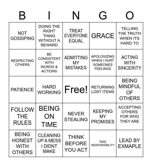 INTEGRITY BINGO Card