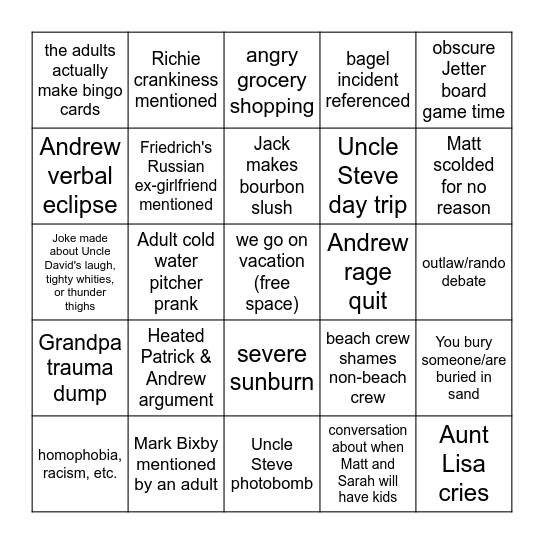 2025 Vacation Bingo Card
