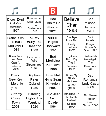 IT'S GOOD TO "B" IN MUSIC. ALL SONGS BEGIN WITH THE LETTER "B" Bingo Card