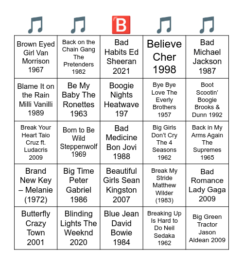 IT'S GOOD TO "B" IN MUSIC. ALL SONGS BEGIN WITH THE LETTER "B" Bingo Card