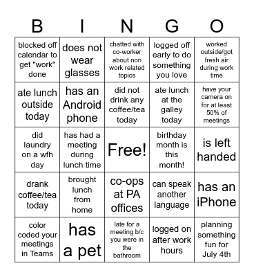 Co-op Social Bingo Card