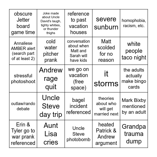 2025 Vacation Bingo Card