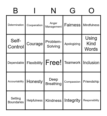 SEL & Character Trait Bingo Card