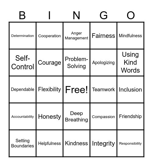 SEL & Character Trait Bingo Card