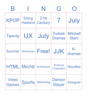 Hania's 25th Birthday Bingo Card
