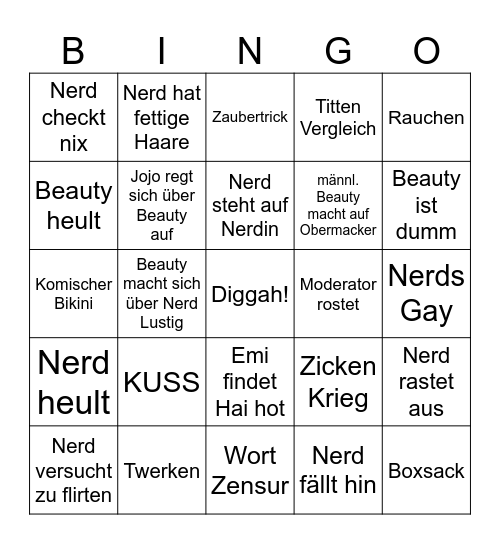 Beauty and the Nerd Bingo Card