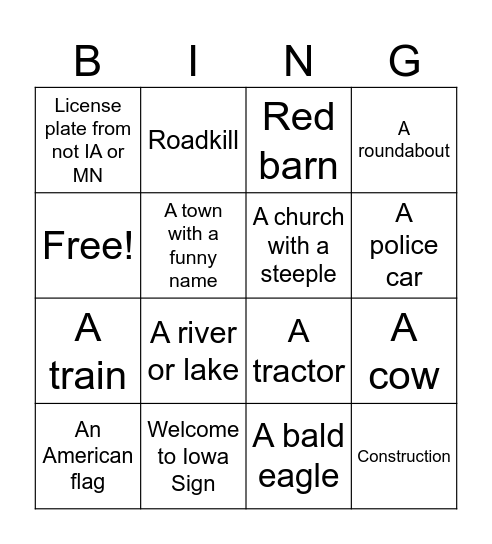 MN to Iowa Bingo Card