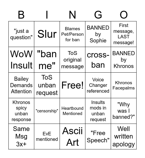 Unban Request Bingo Card