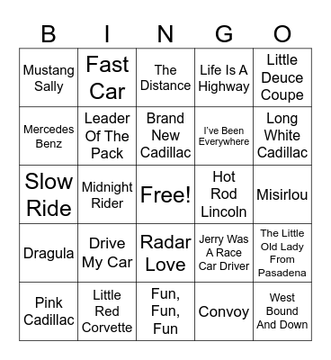 Songs About Cars Bingo Card
