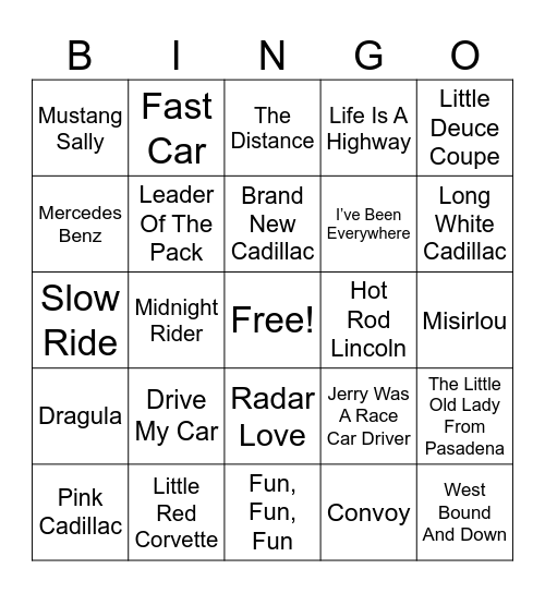 Songs About Cars Bingo Card