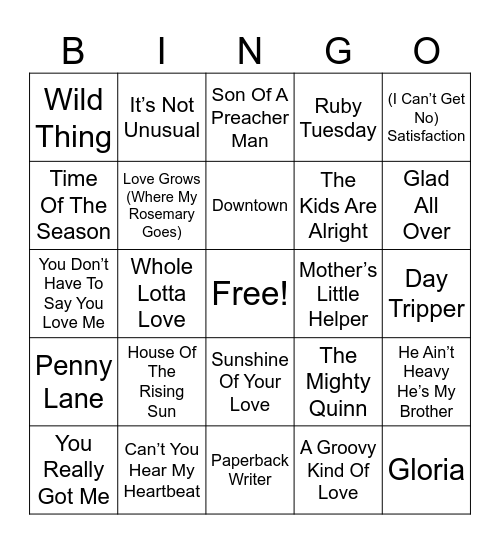 British Invasion Bingo Card