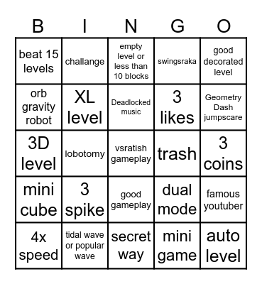 Geometry Dash Bingo Card