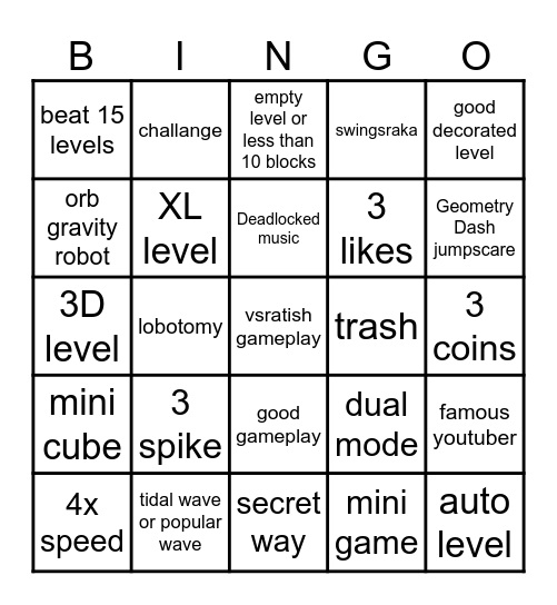 Geometry Dash Bingo Card