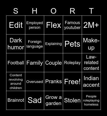 YouTube shorts bingo Card