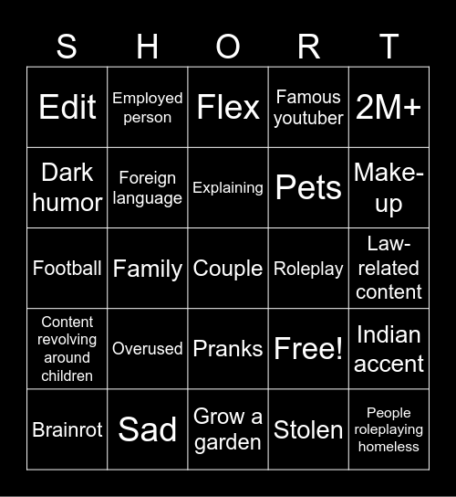 YouTube shorts bingo Card