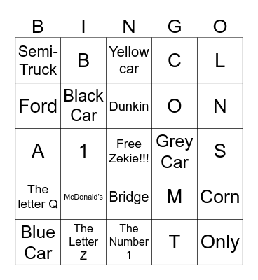 Car Trip Bingo Card