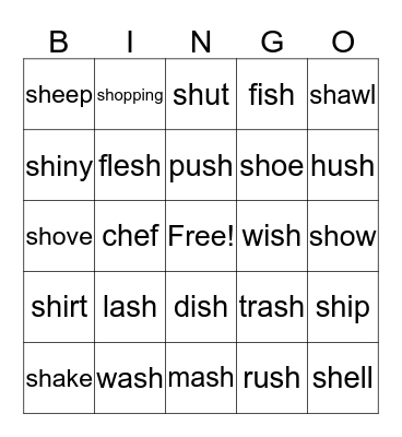 /SH/ words Bingo Card