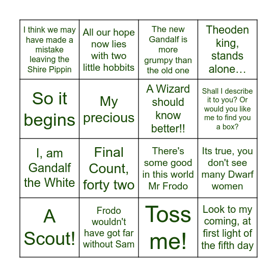 The Lord Of The Rings: The Two Towers Bingo Card