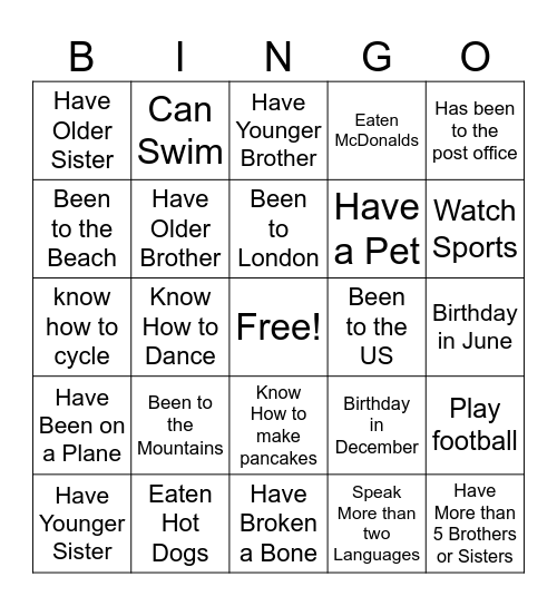Ice-Breaker Scavenger Hunt Bingo Card