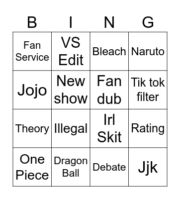 Anime Bingo Card