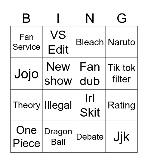 Anime Bingo Card