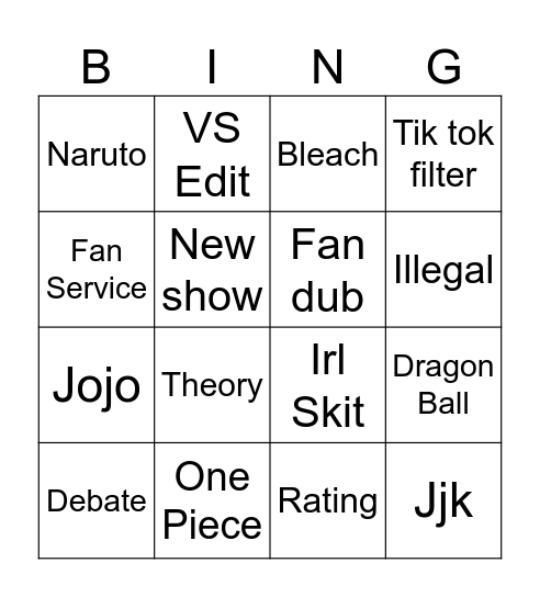 Anime Bingo Card