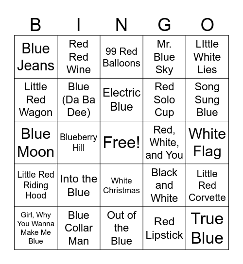 Red, White, & Blue Songs Bingo Card