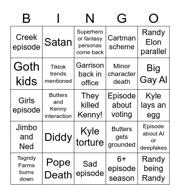 South Park Season 27 Bingo Card