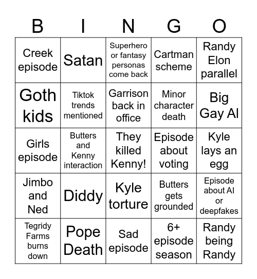 South Park Season 27 Bingo Card