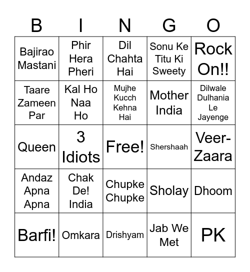 BollyWood BlockBusters!! Bingo Card