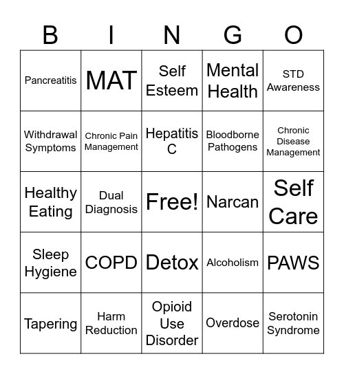 Recovery Bingo Card