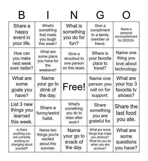 Questions Bingo Card