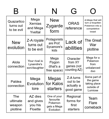 Pokemon: Legends Z-A Bingo Card Bingo Card