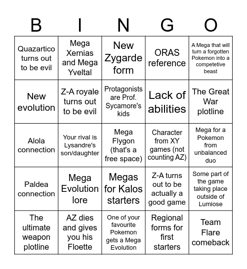 Pokemon: Legends Z-A Bingo Card Bingo Card