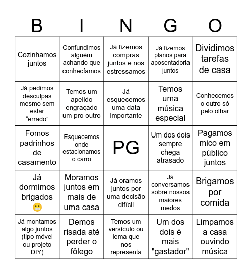 Jovens Casais Bingo Card