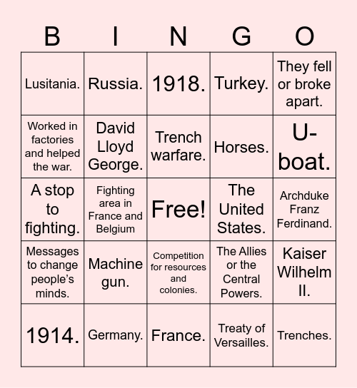 world war 1 Bingo Card