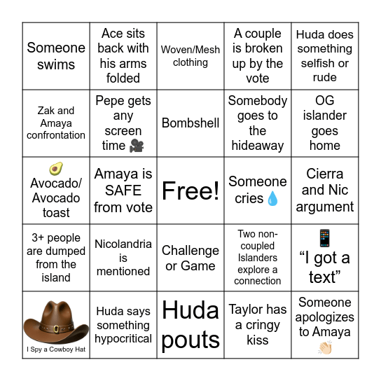 Love Island S7, E27 Bingo Card