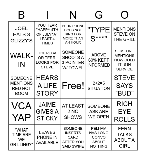4 THE LOVE OF JULY Bingo Card