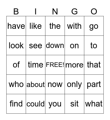 Sight Words Bingo Card