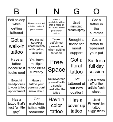 Summer Tattoo Bingo Card
