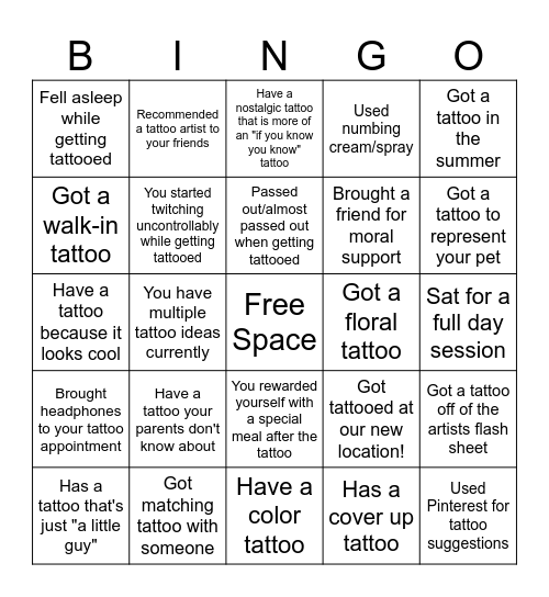 Summer Tattoo Bingo Card