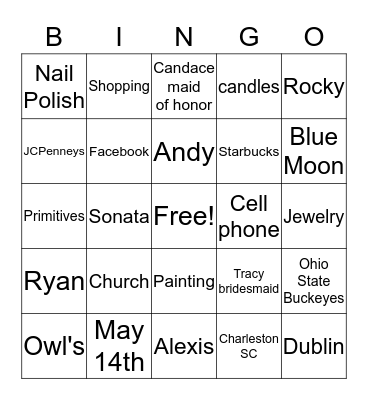 RACHAEL'S BRIDAL SHOWER Bingo Card