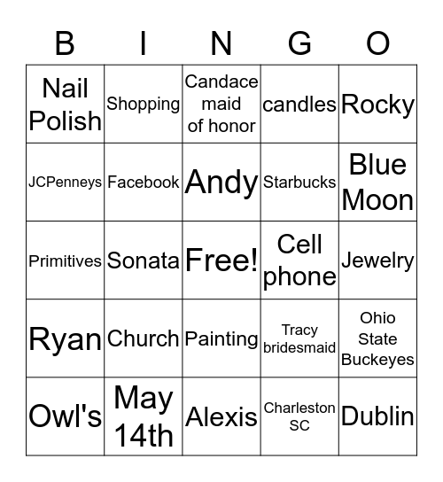 RACHAEL'S BRIDAL SHOWER Bingo Card